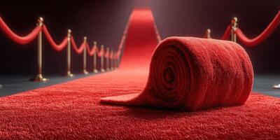 Red carpet rolled out in an elegant venue, ready for a glamorous event filled with celebrities and guests photo