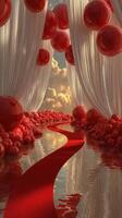 Elegant red and white walkway with balloons and fabric curtains under a picturesque sky during sunset photo