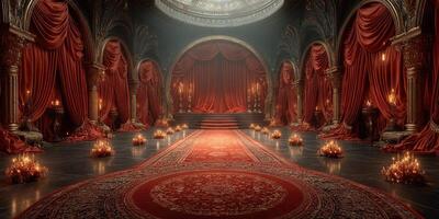Elegant hall adorned with rich red drapes, flickering candles, and candles illuminating an ornate stage setting photo