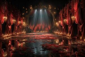 Dramatic theater stage with rich red drapery and candlelight during a performance event photo