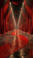 Elegant corridor lined with red drapery and a shimmering red carpet in a dimly lit setting photo