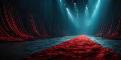 Red carpet event preparation in a dimly lit venue featuring blue lights and theatrical curtains photo