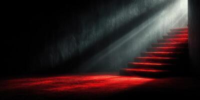 Light streams down a dark staircase creating a dramatic atmosphere with red lighting in the background photo