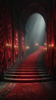 Red carpeted staircase leads to a grand archway illuminated by soft light in an elegant venue photo