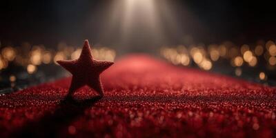 Sparkling star on a red carpet leading to a spotlight at an evening event in a glamorous setting photo