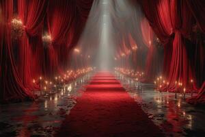 Elegant red carpet pathway illuminated by candles in an enchanting setting photo