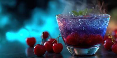 Colorful drink with cherries and fog on wooden table at a dimly lit bar in the evening photo