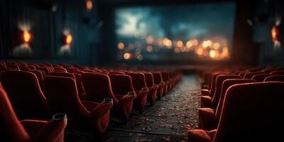 Empty cinema interior with red seats and a large screen displaying an illuminated skyline at dusk photo
