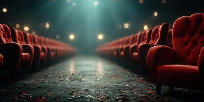 Rows of empty red chairs in a dimly lit theater with scattered leaves on the ground and soft lighting filtering through the air photo