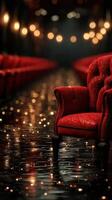 Elegant red armchair in a dimly lit hallway with sparkling reflections and soft lights enhancing the atmosphere photo