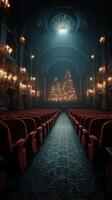 Historic theater interior with empty red seats and illuminated Christmas trees in the background during the evening photo