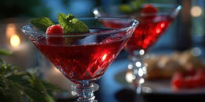 Red cocktails are served at an upscale evening gathering with garnishes of mint and raspberry in elegant glassware photo