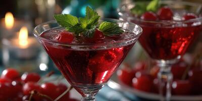 Refreshing cherry cocktails served in elegant glasses at a festive gathering with candles in the background photo