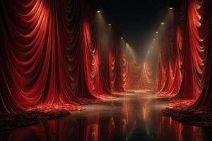Dramatic red curtains create an enchanting atmosphere in a dimly lit corridor photo