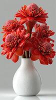 Colorful red lotus flowers arranged beautifully in a white vase on a plain background photo
