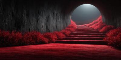 Stairs leading out of a dark tunnel with vibrant red foliage illuminated by soft light photo