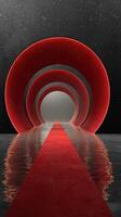 Vibrant red arches create a captivating pathway leading to a mysterious glowing horizon at night photo