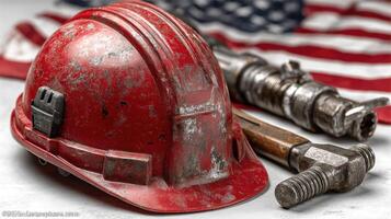 Red hard hat and tools on a backdrop of an American flag symbolizing American craftsmanship and labor photo