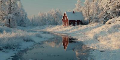 Winter landscape with a red cabin reflecting on a frozen river in a serene snow-covered area during early morning light photo