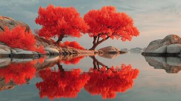 Vibrant red trees reflecting in calm water under a serene sky during autumn at a tranquil lakeside location photo