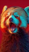 Red panda wearing headphones enjoying music against a vibrant background photo