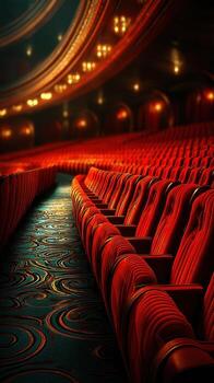 Elegant red velvet seats create a luxurious atmosphere in a vintage theater during an evening performance photo