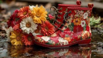 Colorful floral rain boots beside a vibrant flower bouquet in a puddle during a damp afternoon photo