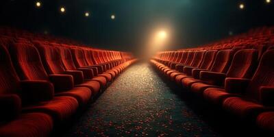 Red velvet seats in an empty theater illuminated by a single spotlight during a quiet moment photo