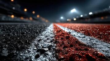 Close-up view of a racetrack at night highlighting the textured surface and bright lighting for sports events photo