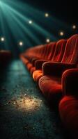 Empty vintage theater seats illuminated by soft light showcasing a serene atmosphere for quiet reflection and nostalgia photo