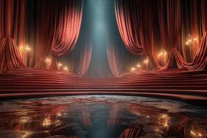 Stunning theater stage with red curtains and elegant lighting prepares for a captivating performance at twilight photo