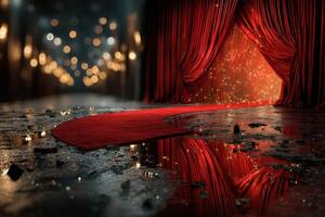Elegant red carpet leading to a dazzling stage with a shimmering backdrop and warm golden lights at an evening event photo