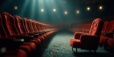 Empty red chairs await in a dimly lit theater at evening, creating an atmosphere of nostalgia and anticipation photo