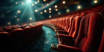 Empty theater with red seats illuminated by soft stage lights before performance begins in the evening photo