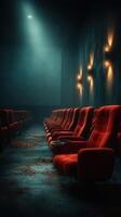 Empty red theater seats illuminated by dim light in a quiet cinema setting during evening hours photo