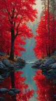 Vibrant red foliage reflects on a tranquil river surrounded by trees in a serene forest landscape photo