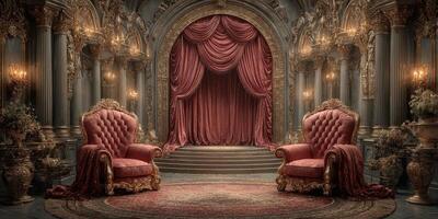 Elegant theater interior featuring ornate red chairs and lavish decor with stage backdrop in historical setting photo