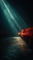 Soft rays of light illuminate empty red seats in an old theater during a quiet evening performance time photo