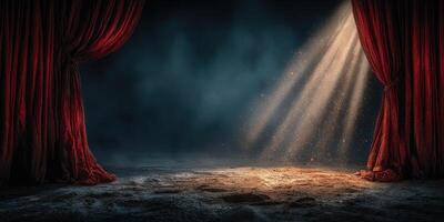 Soft glow illuminates the stage as red curtains part during an evening performance in a theater photo