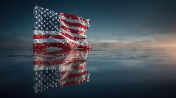 Waving American flag reflects on calm waters at sunset in a serene coastal setting photo