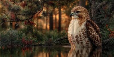 Hawk perched by tranquil water reflects autumn colors in a serene forest setting photo