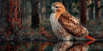 Majestic hawk perched by a tranquil lake amidst vibrant flora in a serene woodland environment photo