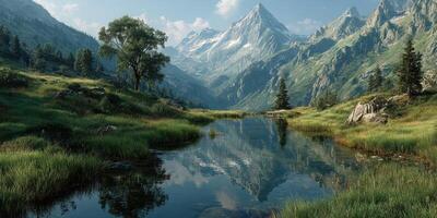 Majestic mountain landscape with serene lake reflecting clear blue sky and lush greenery during a quiet afternoon photo