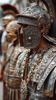 Elaborately crafted Roman soldiers in historical reenactment event captivating audience in vibrant city street setting photo