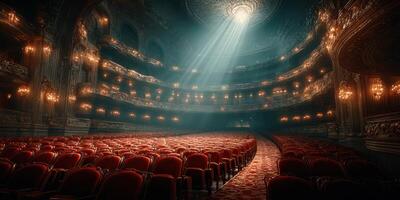 Grand theater interior with ornate details and dramatic lighting creates an enchanting atmosphere for performances photo