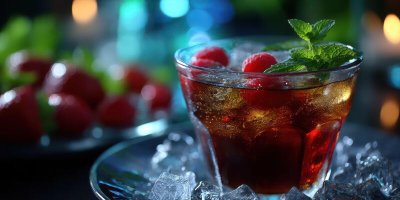 Refreshing cocktail with raspberries served on ice in a vibrant bar setting at night