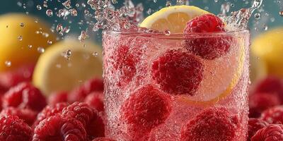 Refreshing raspberry lemonade bursting with bubbles and fresh fruit during a summer gathering photo