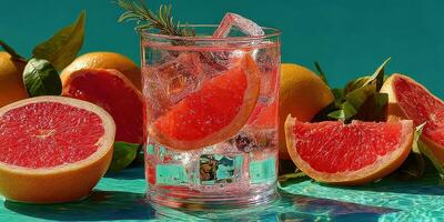 Refreshing grapefruit drink with sliced fruit on a sunny day by the pool photo