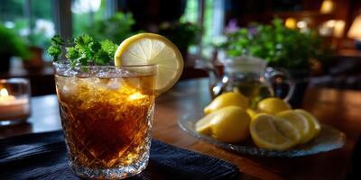 Refreshing iced tea with lemon and herbs prepared in a cozy kitchen setting at dusk photo