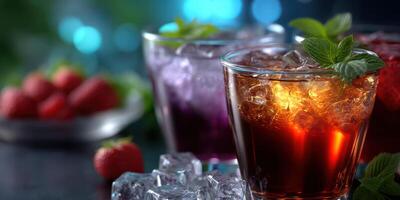 Refreshing berry drinks with ice and mint leaves on a vibrant blue background during a summer gathering photo